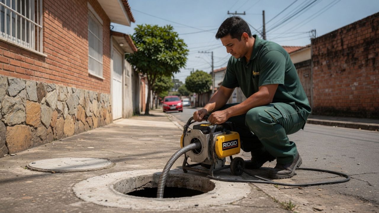 Técnico da GeralTec realizando desentupimento em Ribeirão Preto